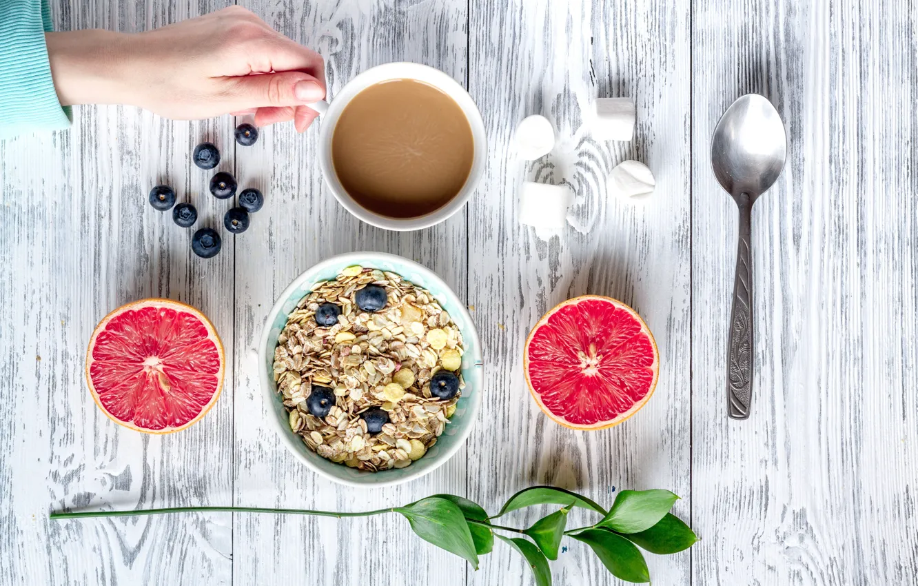 Photo wallpaper berries, Breakfast, blueberries, wood, grapefruit, coffee cup, cocoa, breakfast