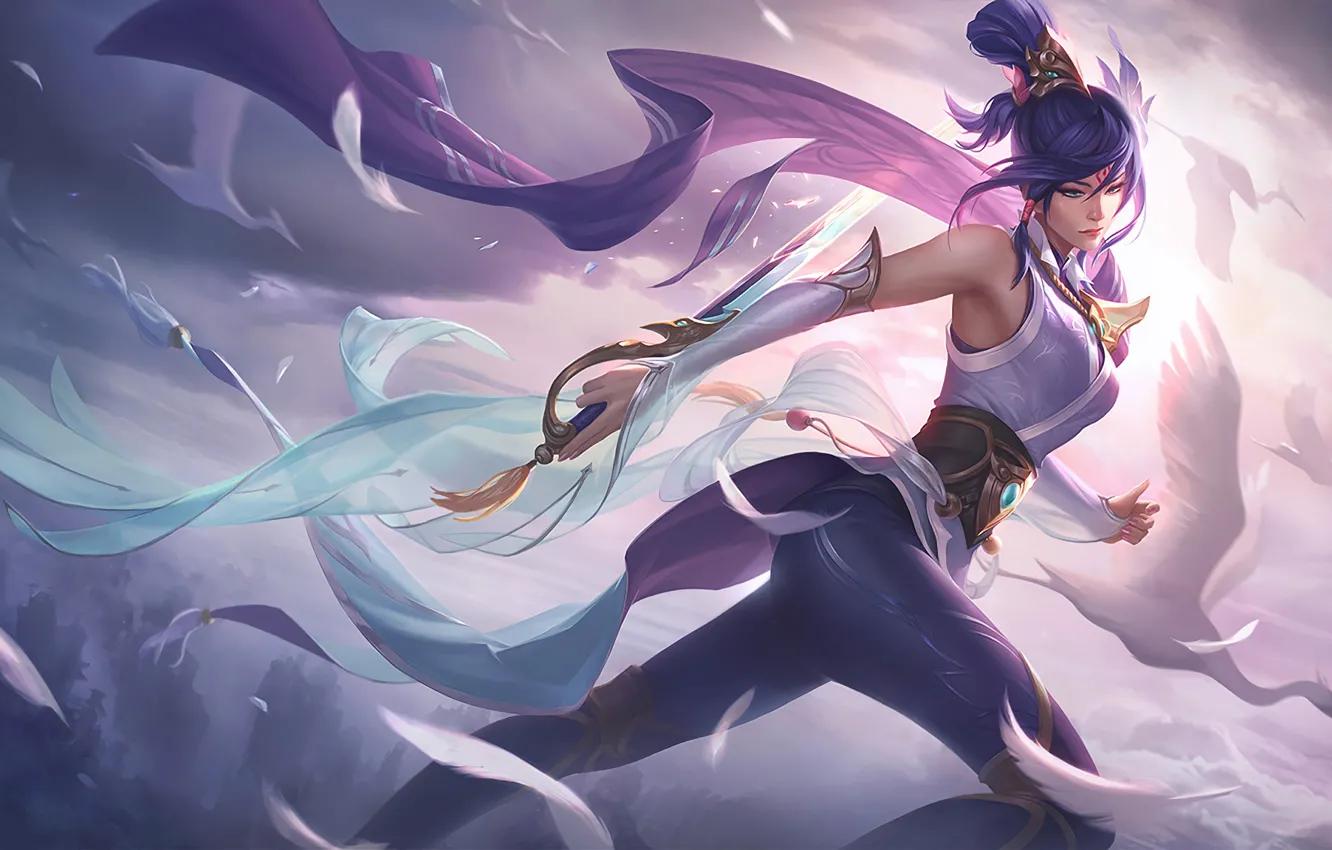 Photo wallpaper the wind, feathers, splash, League of Legends, artwork, LoL, Fiora, rapier