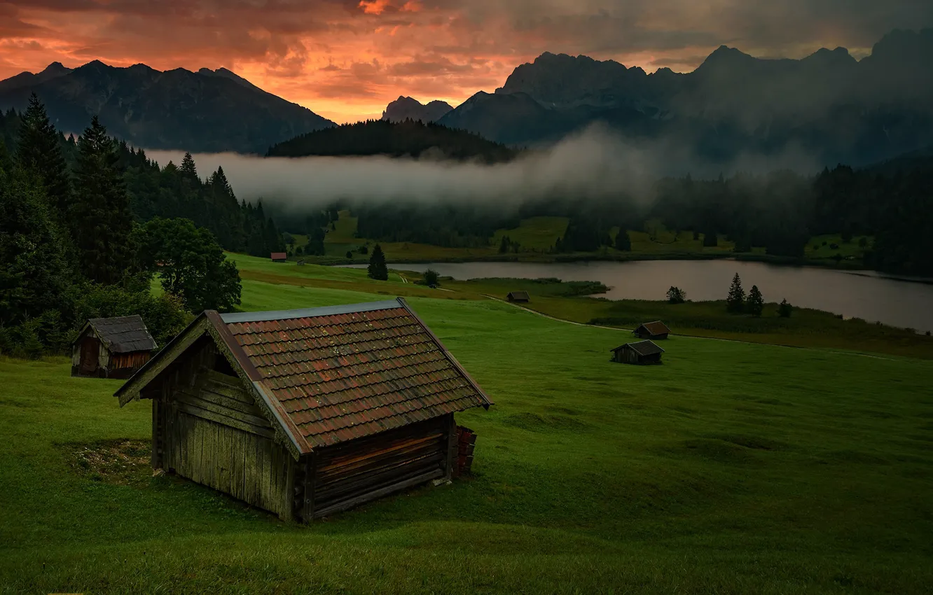 Photo wallpaper forest, clouds, landscape, sunset, mountains, nature, fog, lake