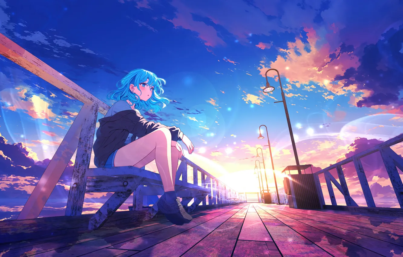 Photo wallpaper girl, anime, girl, blue hair, anime, sunlight, sunlight, anime girls