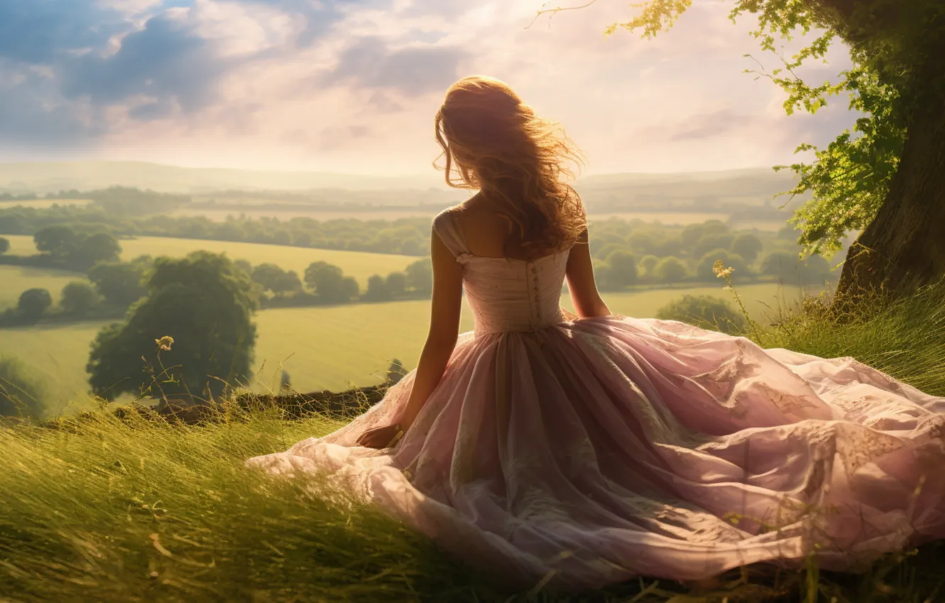 Photo wallpaper field, girl, nature, glade, dal, dress, Princess, sitting back
