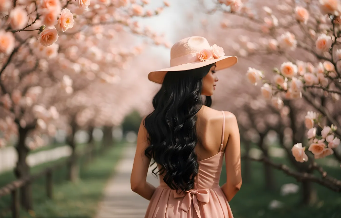Photo wallpaper summer, girl, flowers, Park, back, roses, hat, garden