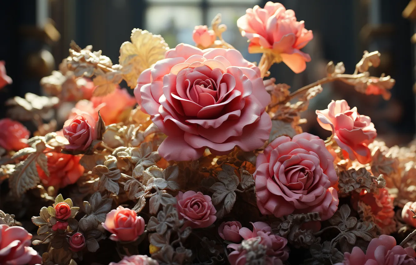 Photo wallpaper leaves, light, flowers, branches, roses, pink, rose Bush, AI art