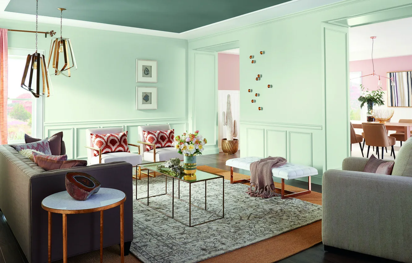 Photo wallpaper design, style, interior, pastel colors, living room, dining room
