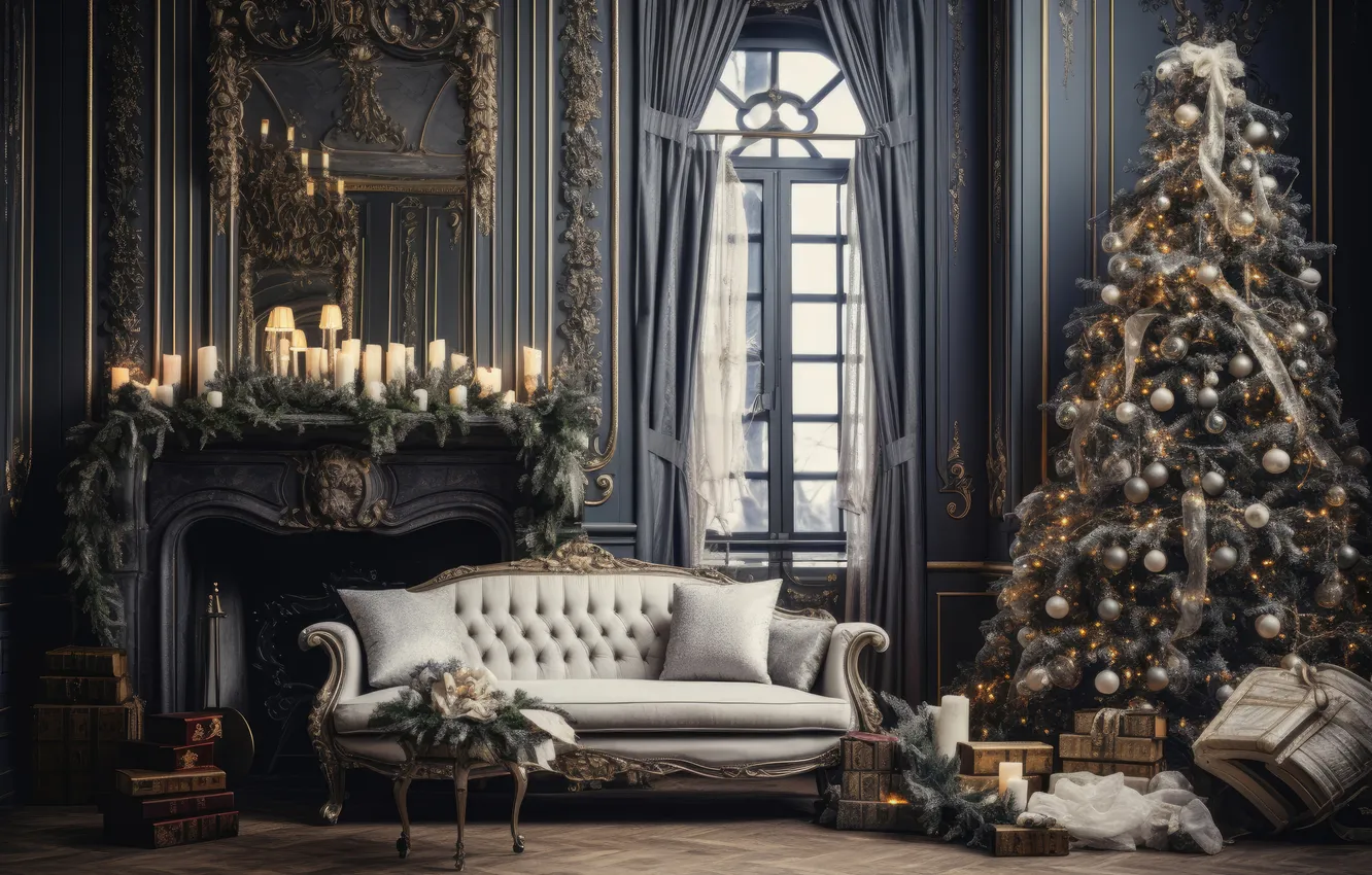 Photo wallpaper room, tree, interior, Christmas, New year, fireplace, Christmas, view