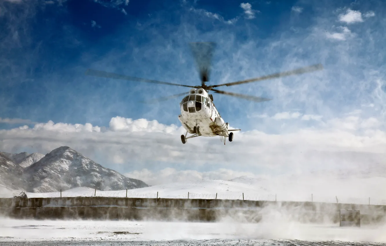 Photo wallpaper snow, mountains, helicopter, blades, mi-8