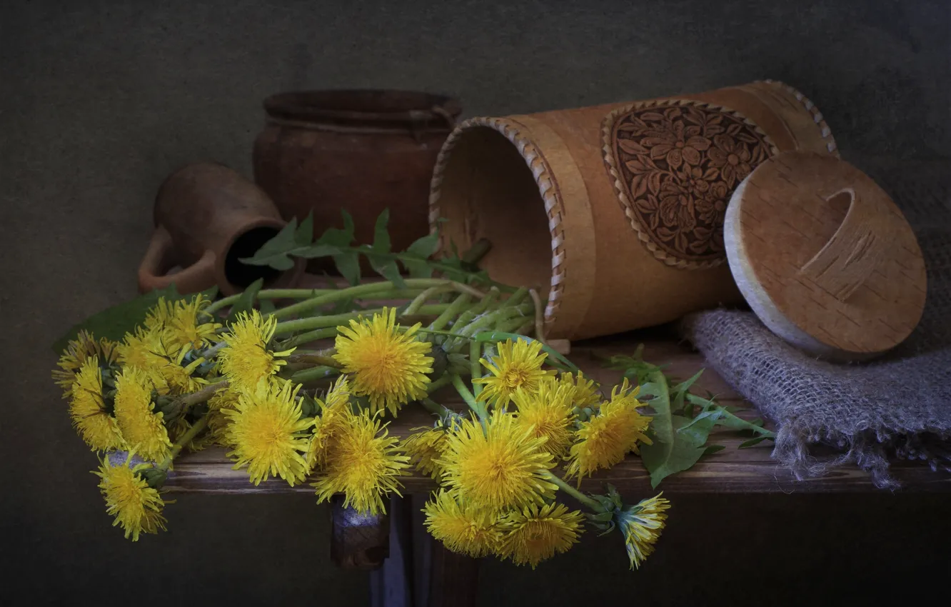 Photo wallpaper dishes, dandelions, clay