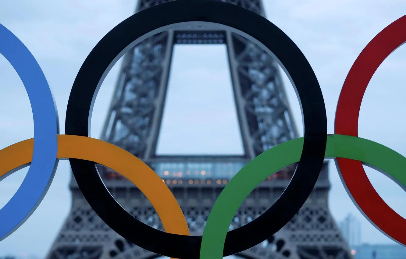 Photo wallpaper France, Paris, Eiffel tower, Olympic symbols