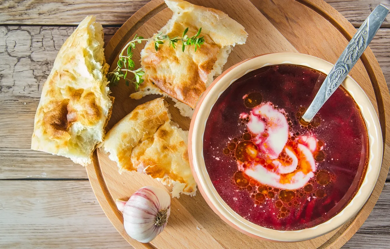 Photo wallpaper Board, bread, soup, soup, garlic