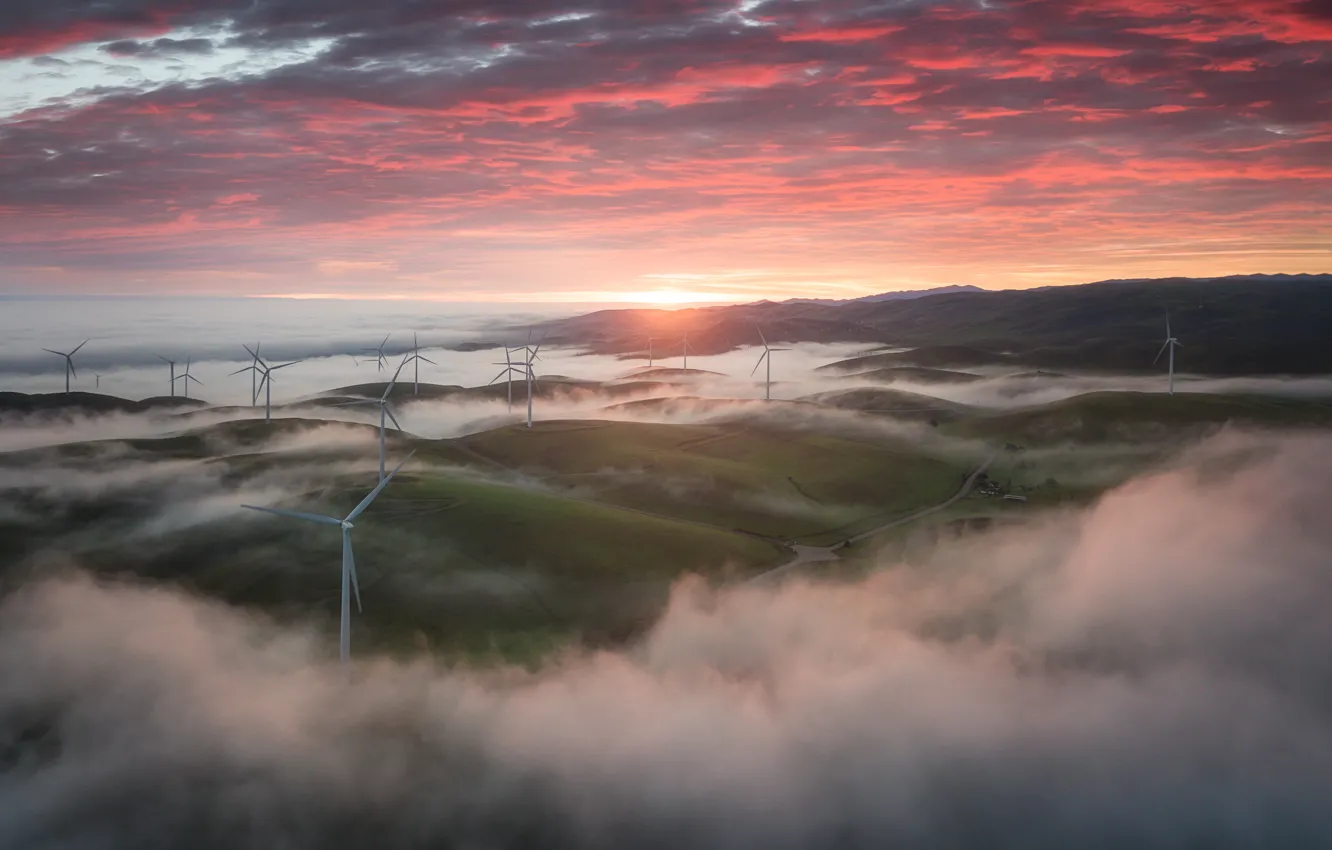 Photo wallpaper fog, hills, windmills