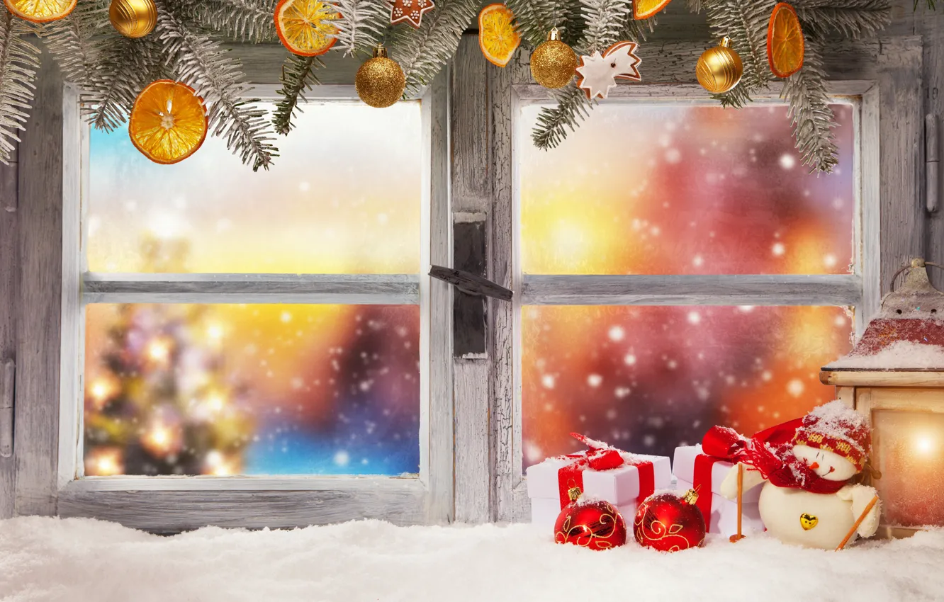 Photo wallpaper winter, snow, decoration, New Year, window, Christmas, gifts, Christmas