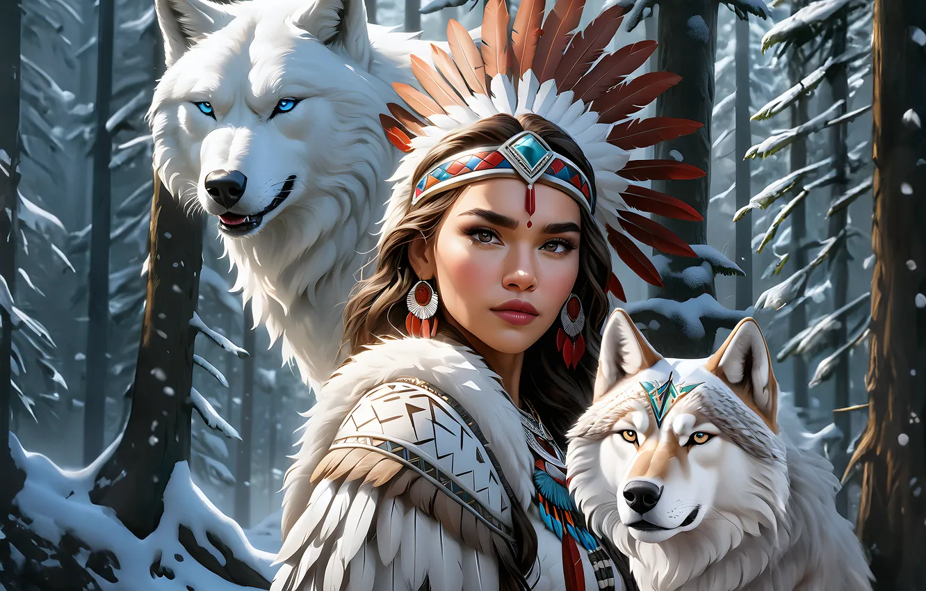 Photo wallpaper winter, forest, white, girl, snow, trees, wolf, earrings