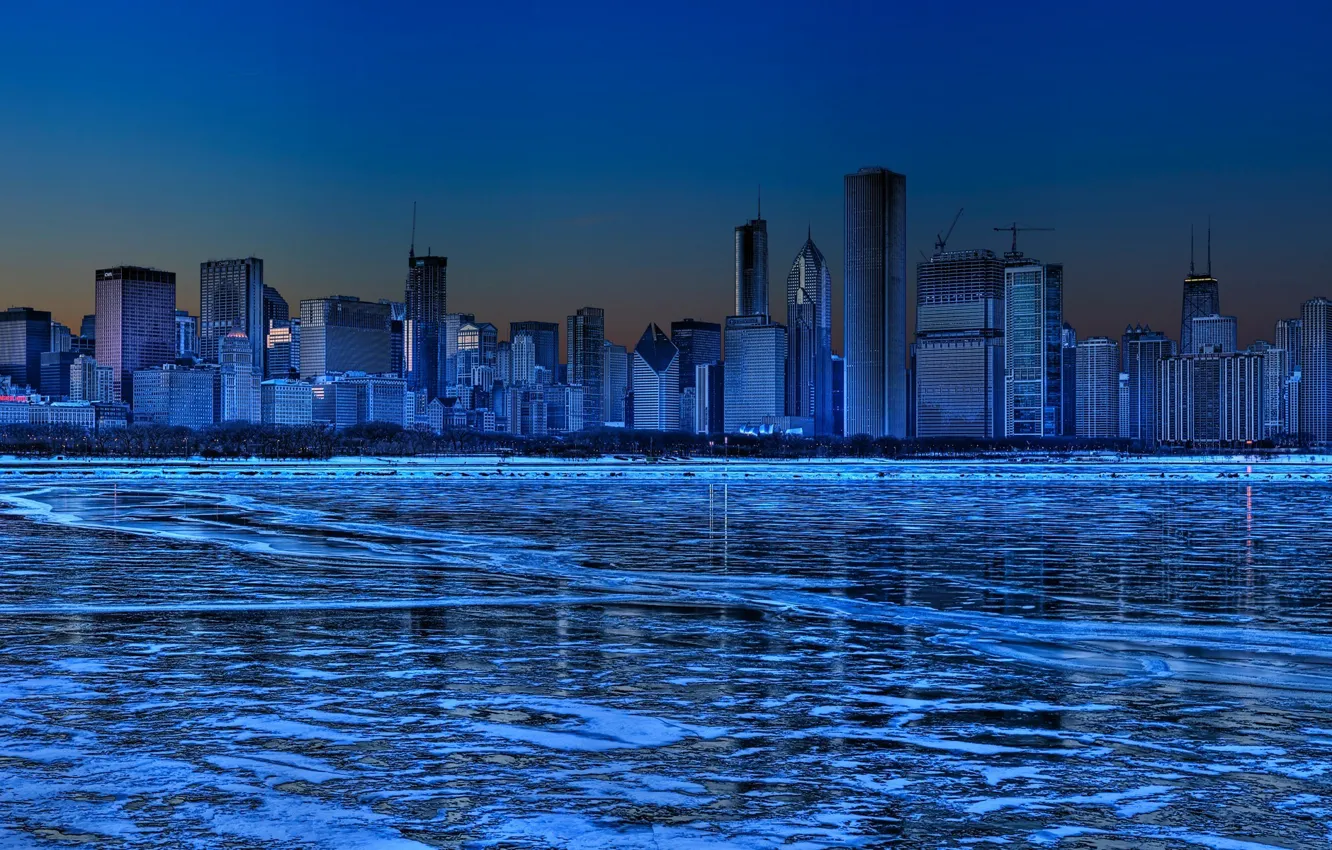 Photo wallpaper blue, Winter, Ice, Skyscrapers, panorama