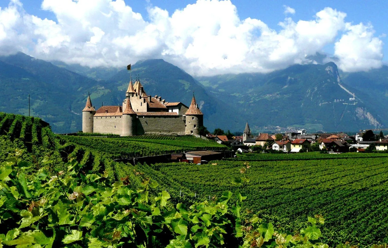 Photo wallpaper mountains, the city, castle, Alps, the vineyards