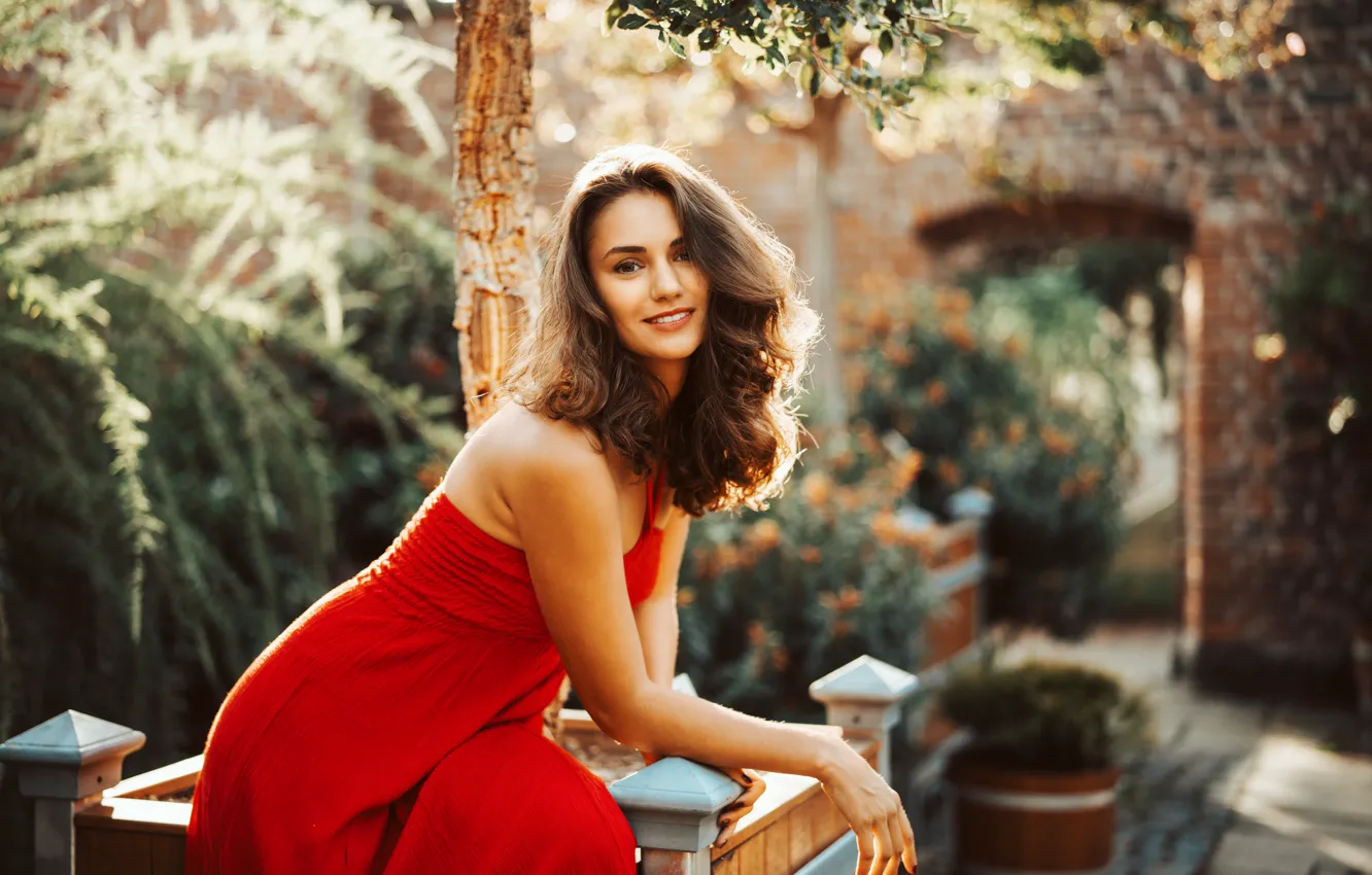 Photo wallpaper look, girl, pose, smile, red dress, Andreas-Joachim Lins, Erdal Lea