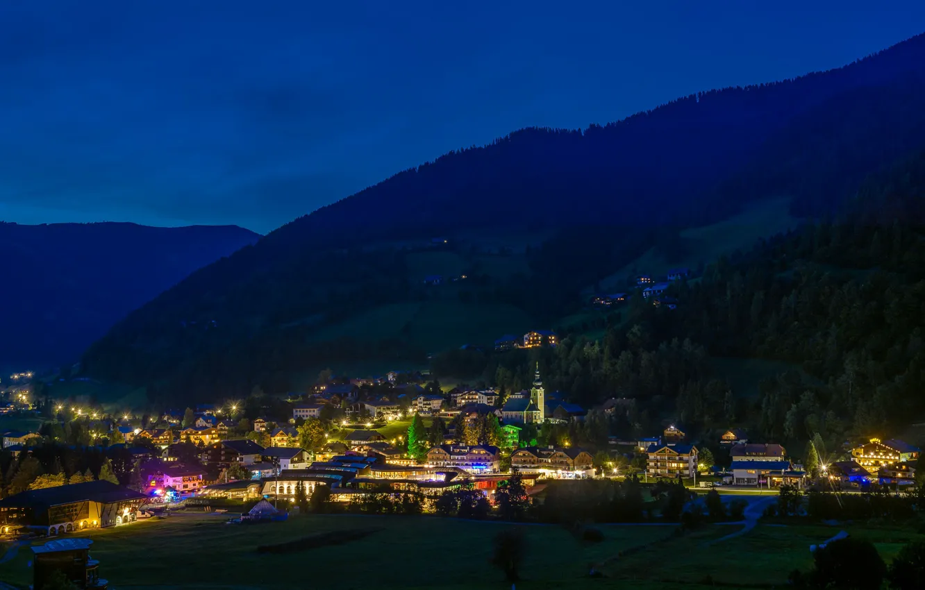 Photo wallpaper forest, the sky, trees, mountains, night, lights, home, Austria