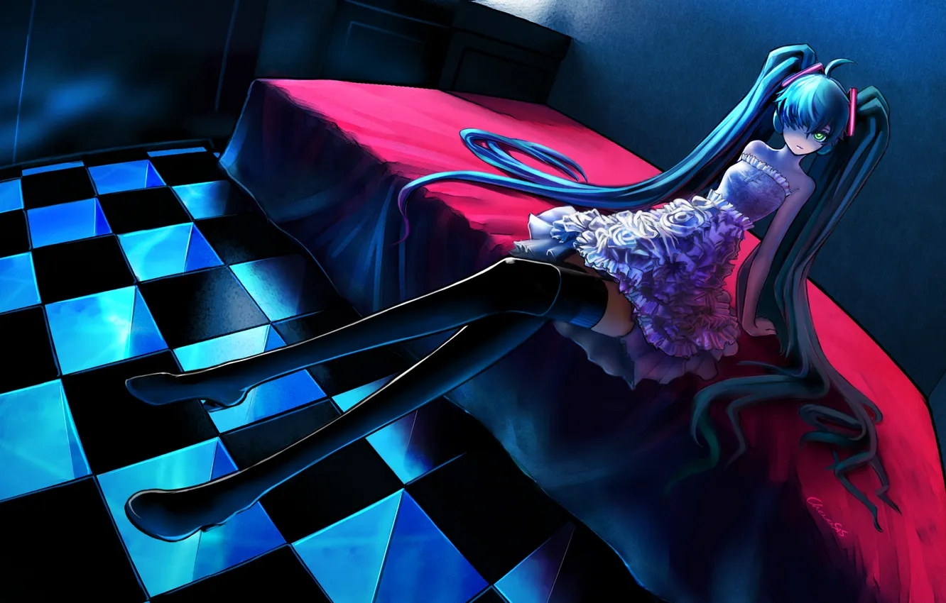 Photo wallpaper bed, art, vocaloid, hatsune miku, Vocaloid, checkerboard, chevasis