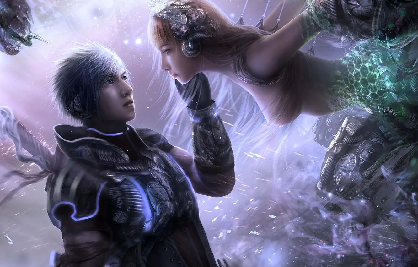 Photo wallpaper girl, glare, weapons, armor, art, sparks, touch, guy