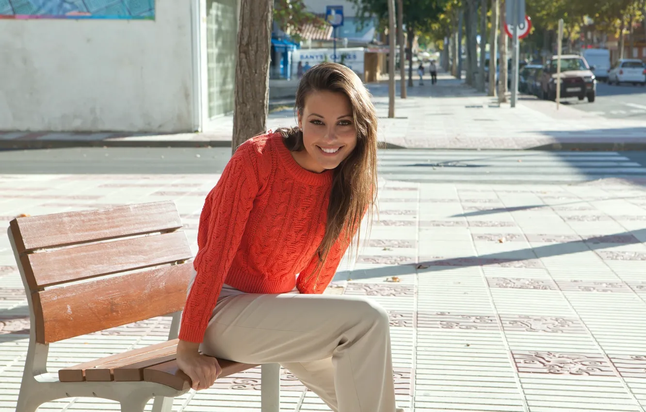 Photo wallpaper look, girl, bench, pose, smile, Lorena, sweater