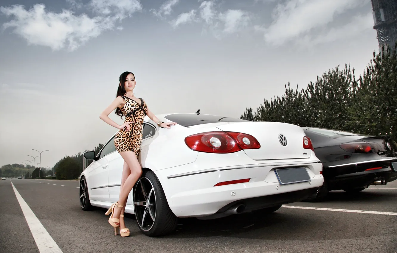 Photo wallpaper road, the sky, look, girl, Volkswagen, dress, hairstyle, Asian