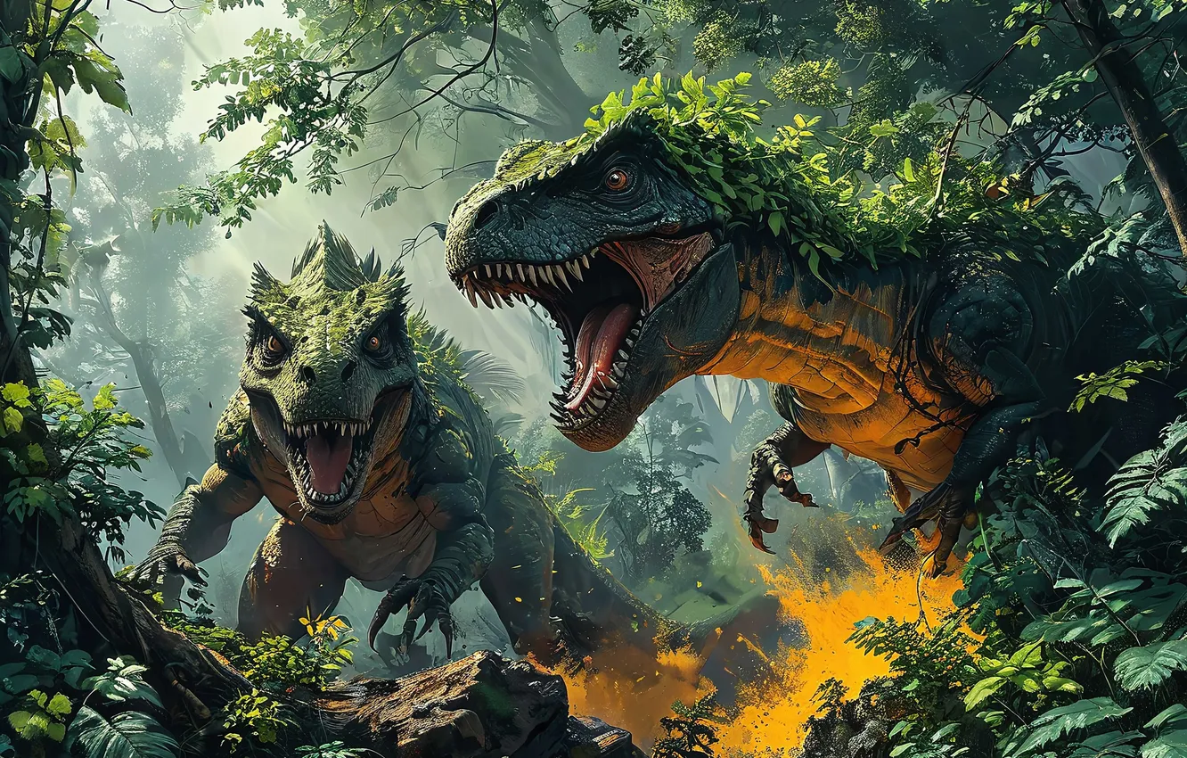 Photo wallpaper forest, nature, dinosaur, two