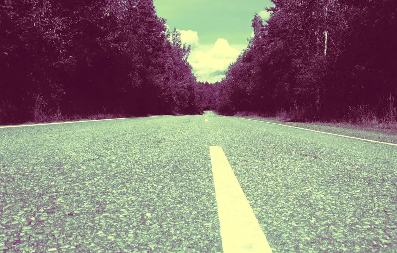 Photo wallpaper road, forest, the sky, asphalt, clouds