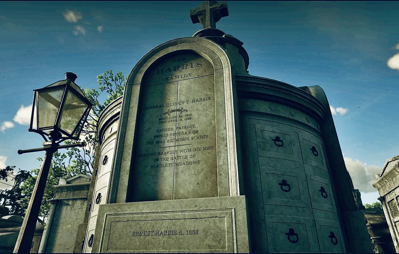 Photo wallpaper HDR, game, cemetery, lamp, crypt, UHD, Red Dead Redemption 2, XBox One X