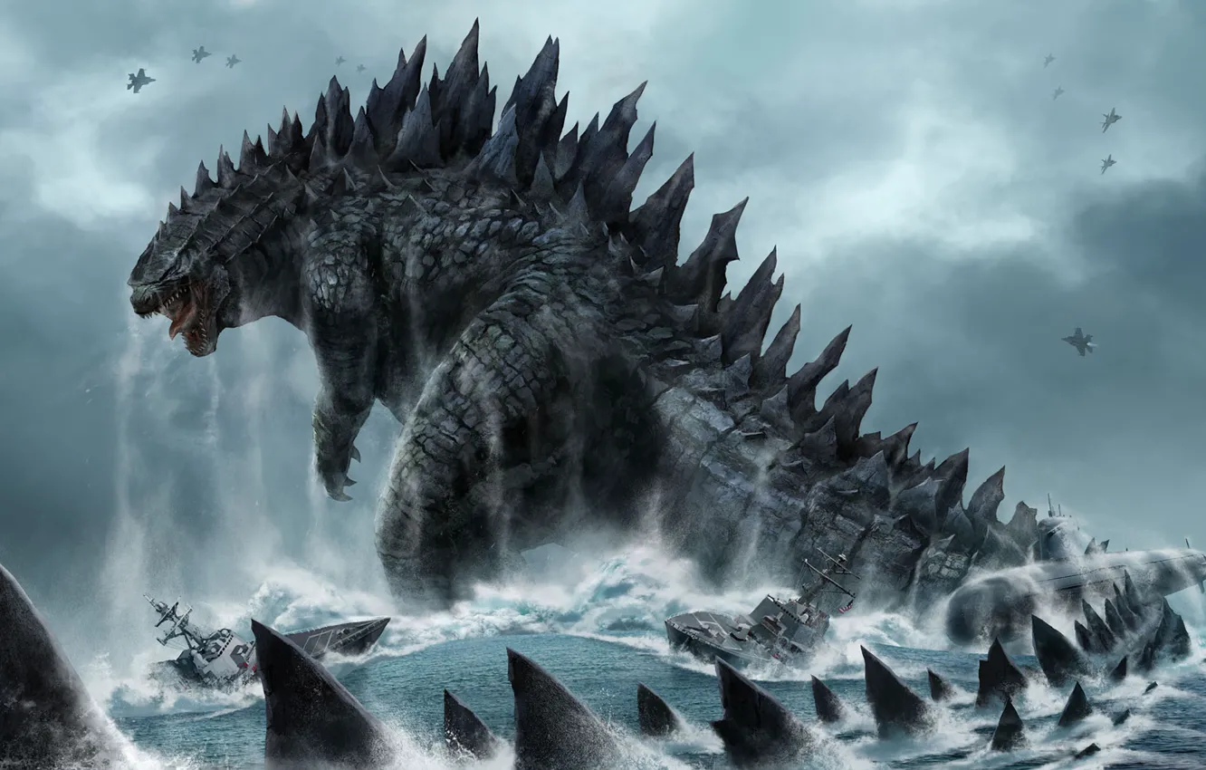 Photo wallpaper sea, wave, the sky, monster, dinosaur, ships, fighters, submarine