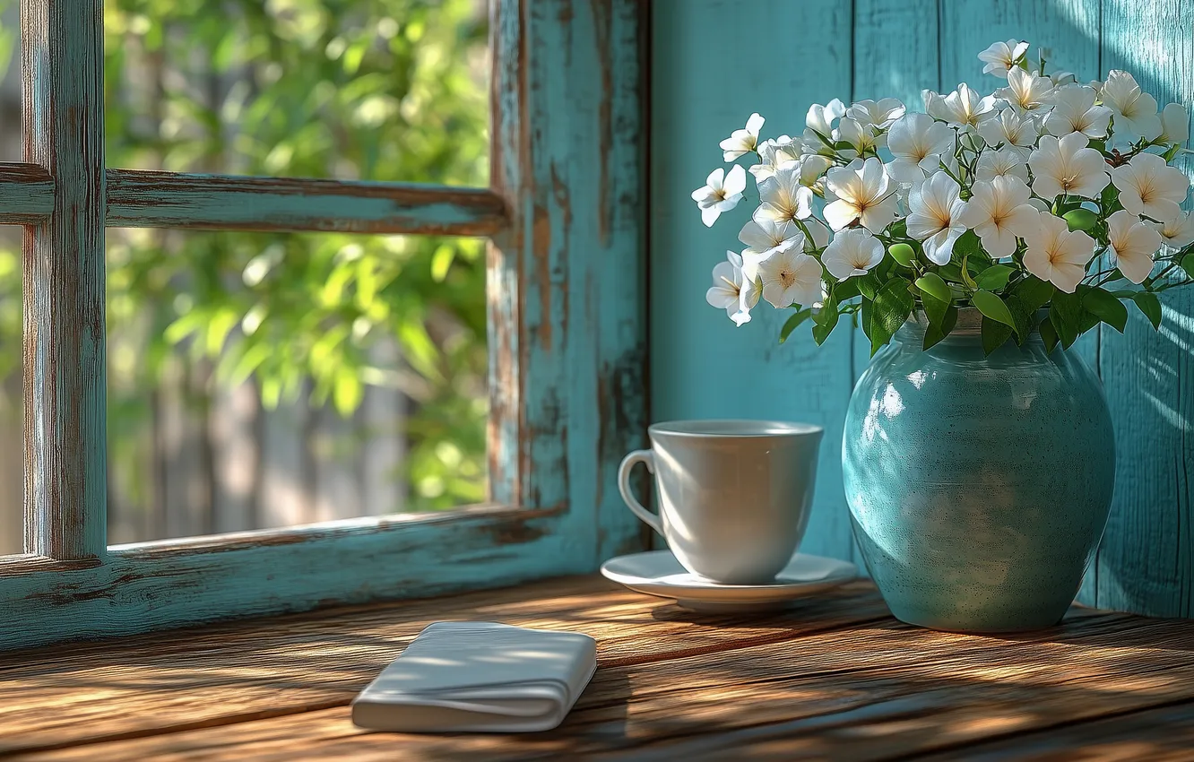 Photo wallpaper summer, glass, light, flowers, table, wall, mood, tea