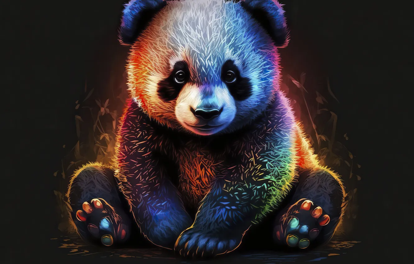 Photo wallpaper look, lights, styling, bear, bear, Panda, bear, black background