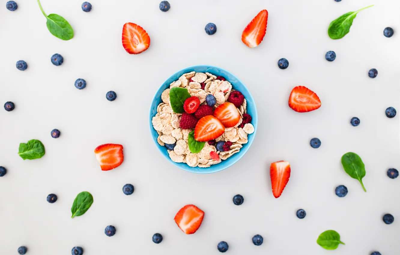 Photo wallpaper berries, Breakfast, blueberries, strawberry, composition, muesli