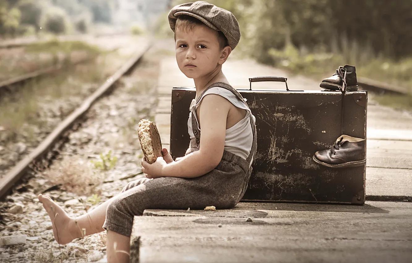 Photo wallpaper boy, railroad, suitcase