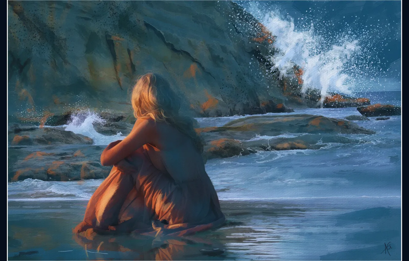Photo wallpaper sea, wave, girl, sunset, rocks, romance, figure, graphics