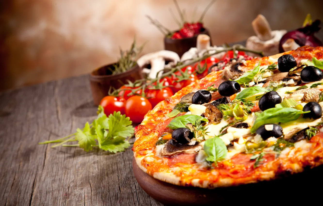 Photo wallpaper mushrooms, food, cheese, pizza, tomatoes, parsley, dish, olives