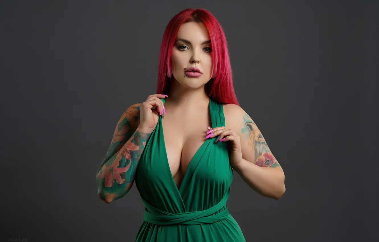 Photo wallpaper look, girl, pose, hands, tattoo, grey background, green dress, crimson hair