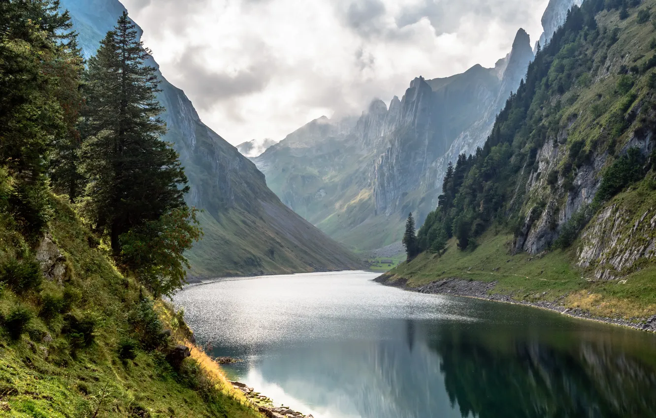 Photo wallpaper the sky, clouds, trees, mountains, river, rocks, panorama