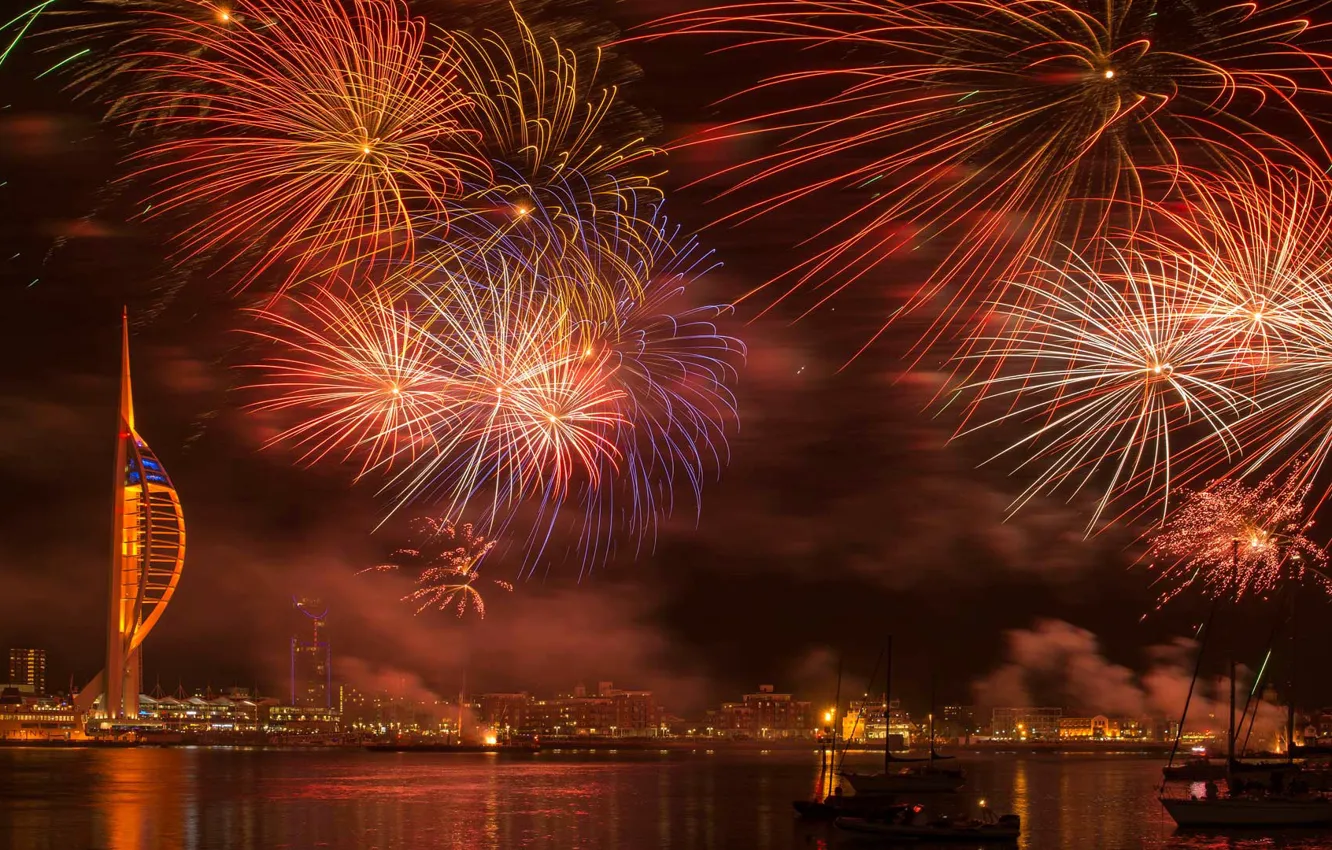 Photo wallpaper England, salute, fireworks, Portsmouth, Hampshire