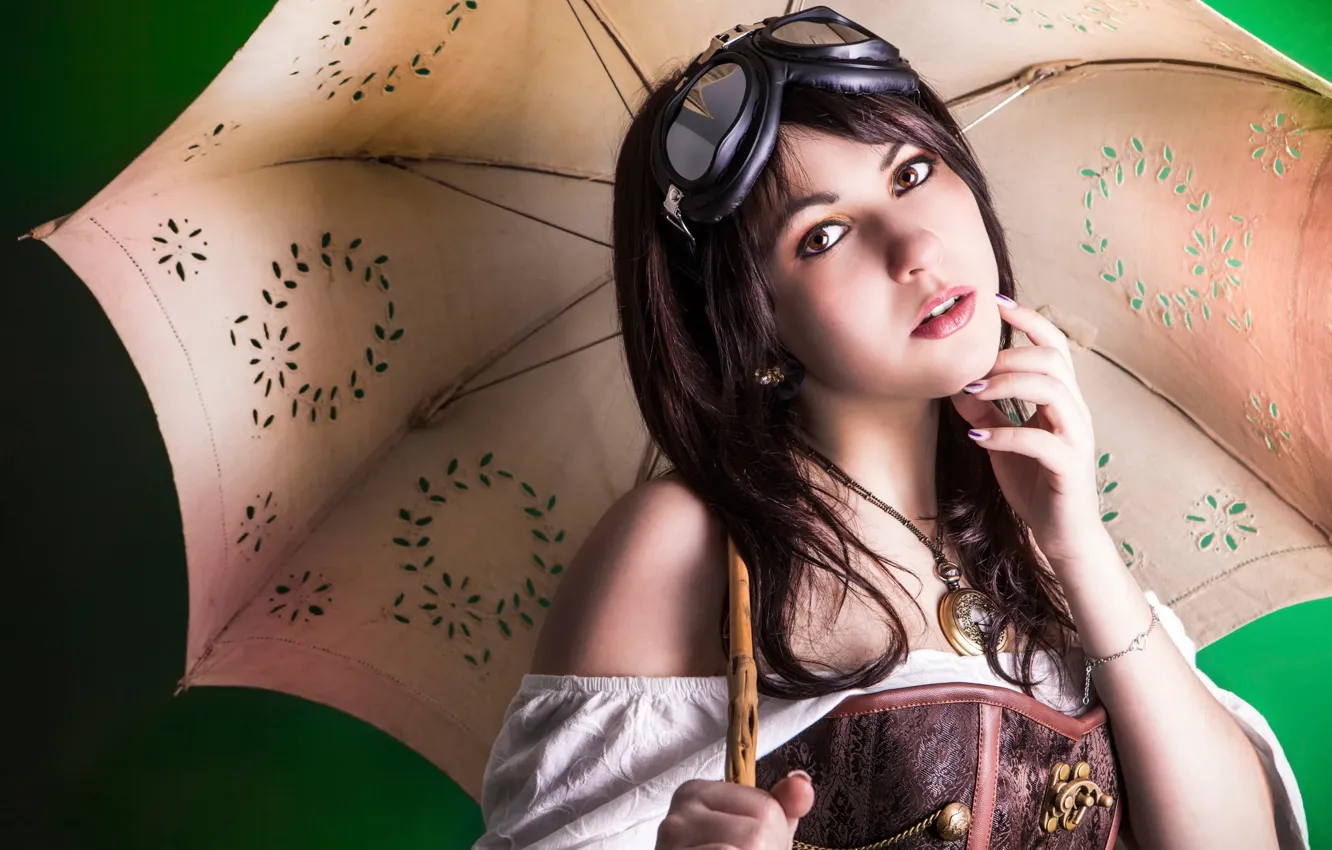 Photo wallpaper girl, umbrella, glasses, Steampunk, brown-eyed
