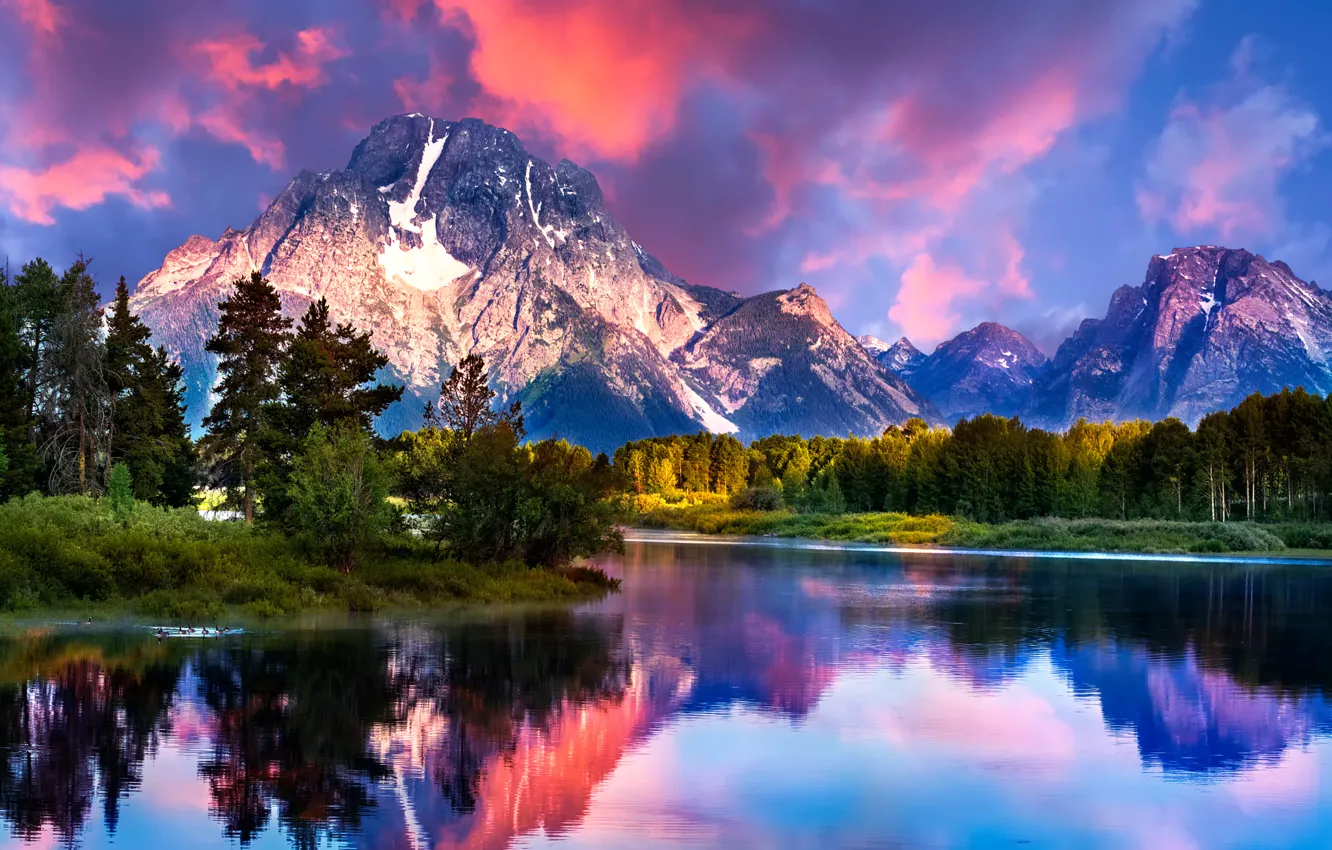 Photo wallpaper clouds, mountains, river, Wyoming