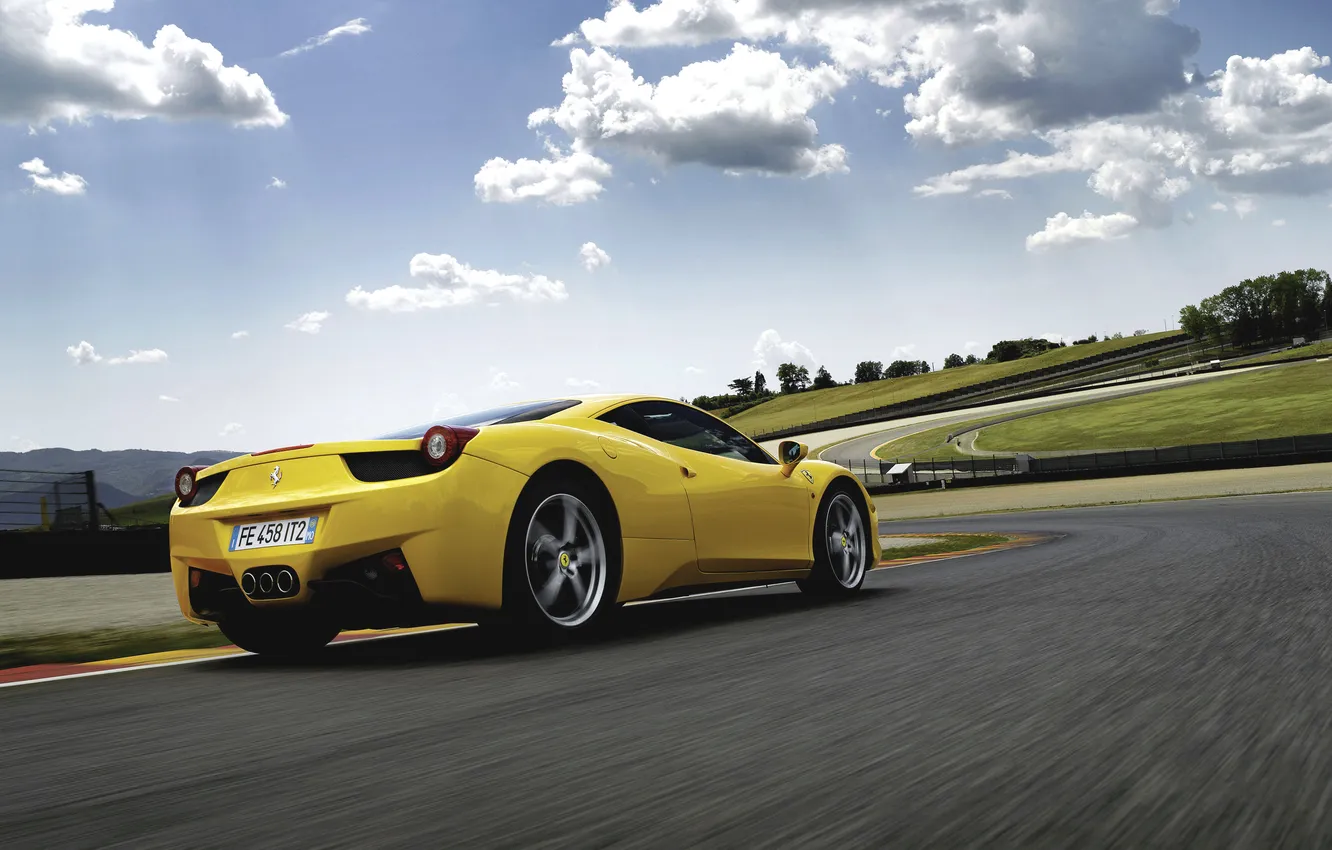 Photo wallpaper the sky, clouds, Auto, Yellow, Machine, Ferrari, Ferrari, 458