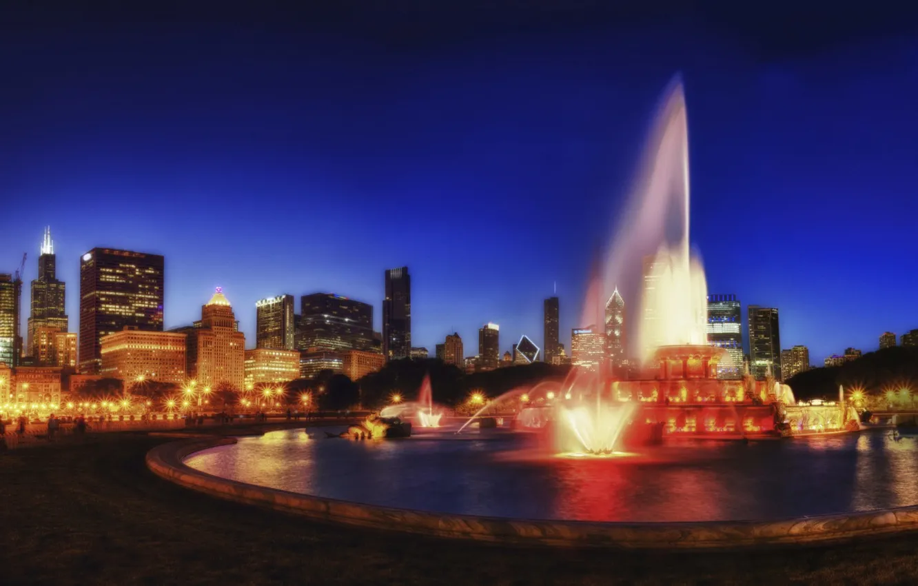 Photo wallpaper night, lights, Park, lights, fountain, America, Chicago, USA