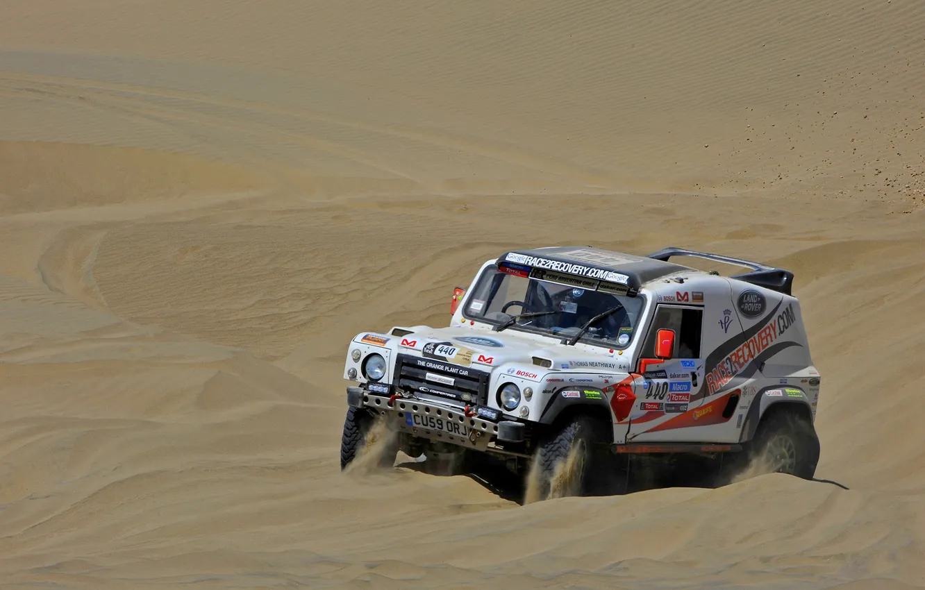 Photo wallpaper Sand, White, Race, Land Rover, Rally, Dakar, SUV, Defender