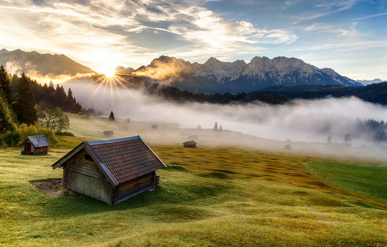 Photo wallpaper grass, trees, mountains, nature, fog, home, morning, Germany