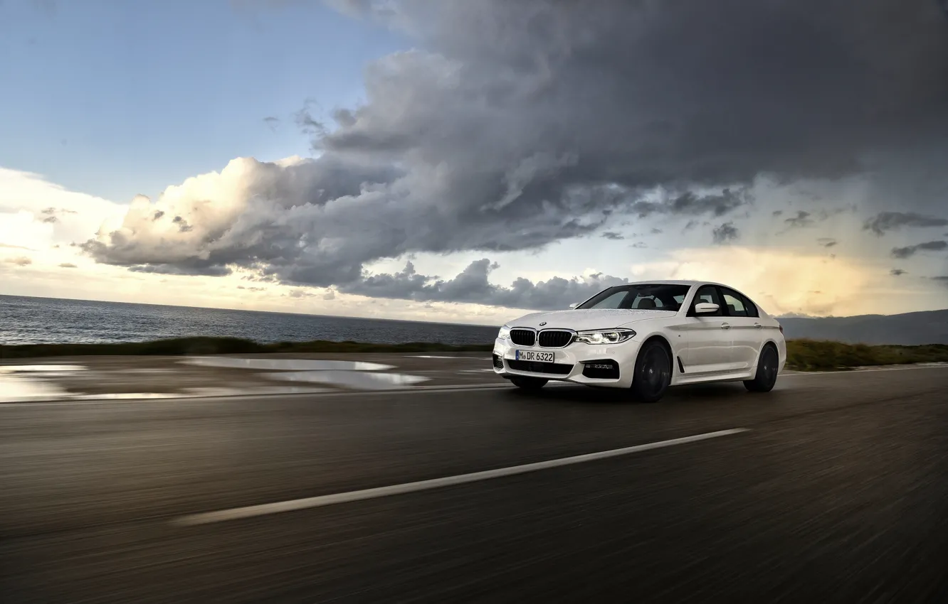 Photo wallpaper road, white, movement, BMW, puddles, sedan, 540i, 5