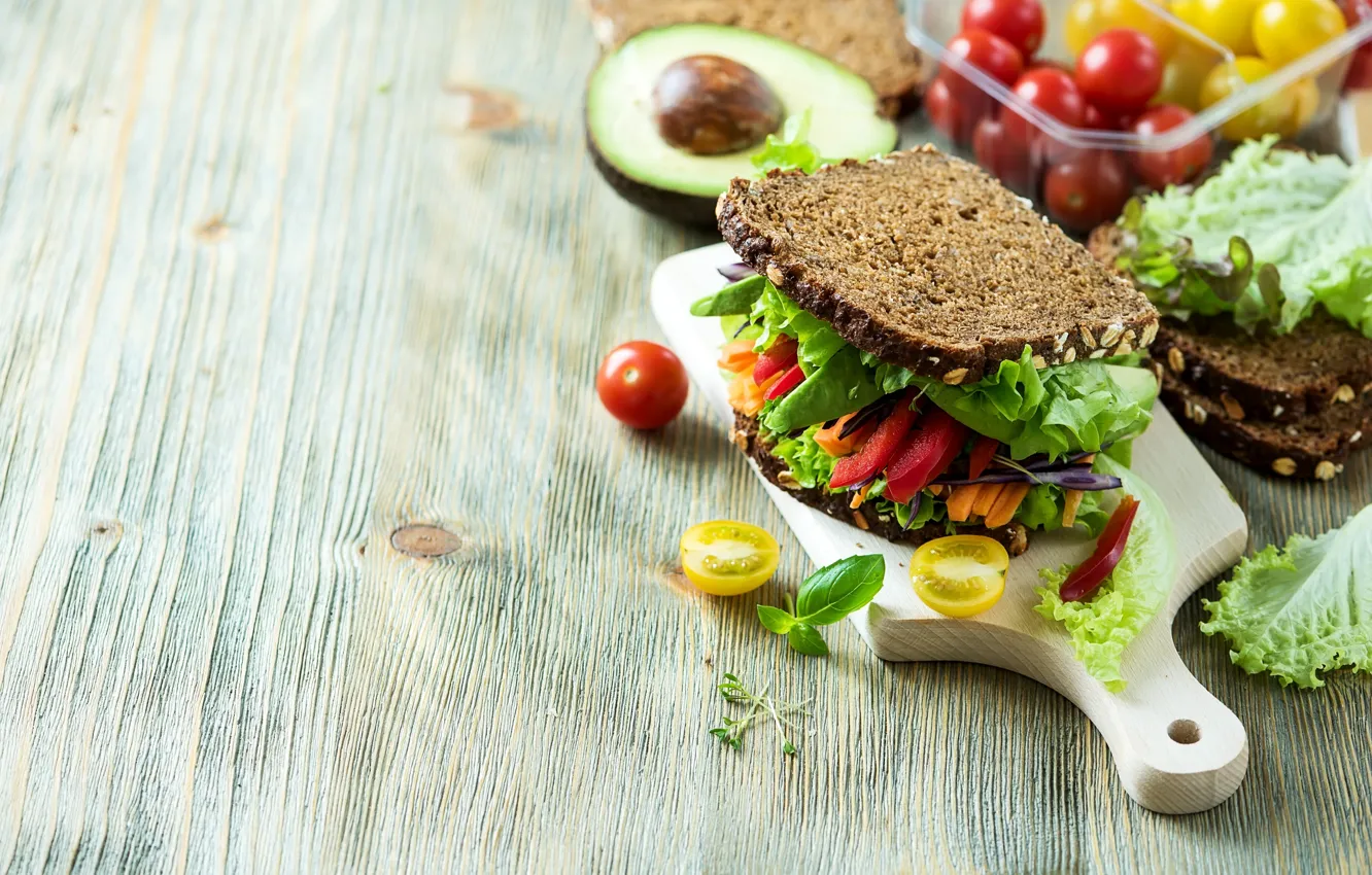 Photo wallpaper bread, sandwich, tomato, salad, avocado