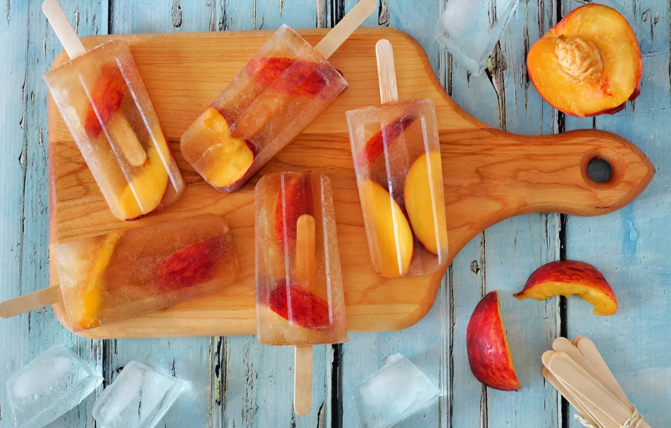 Photo wallpaper ice cream, fruit, peaches, dessert, sweet, cutting Board, fruit ice