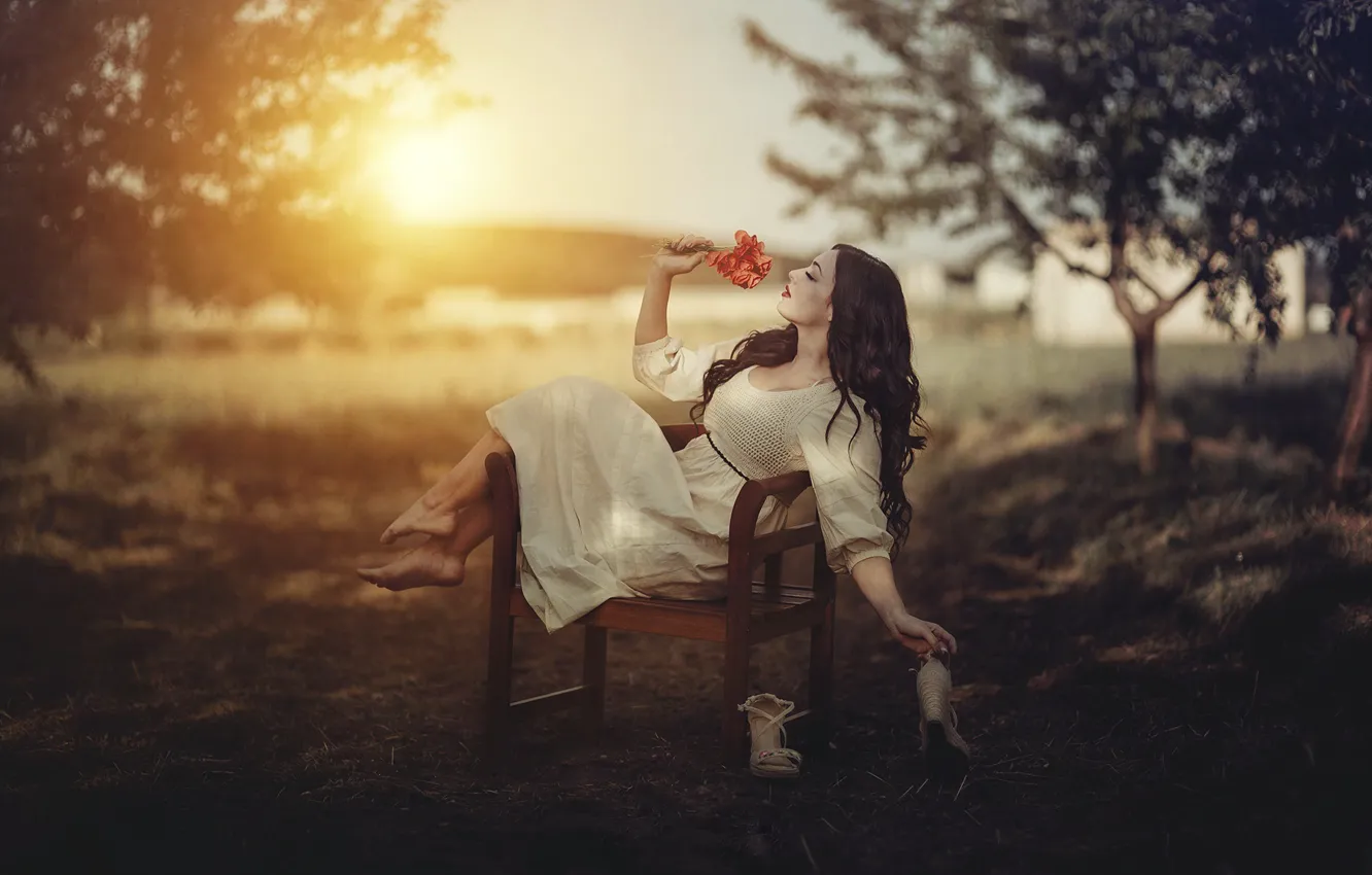 Photo wallpaper girl, flowers, chair