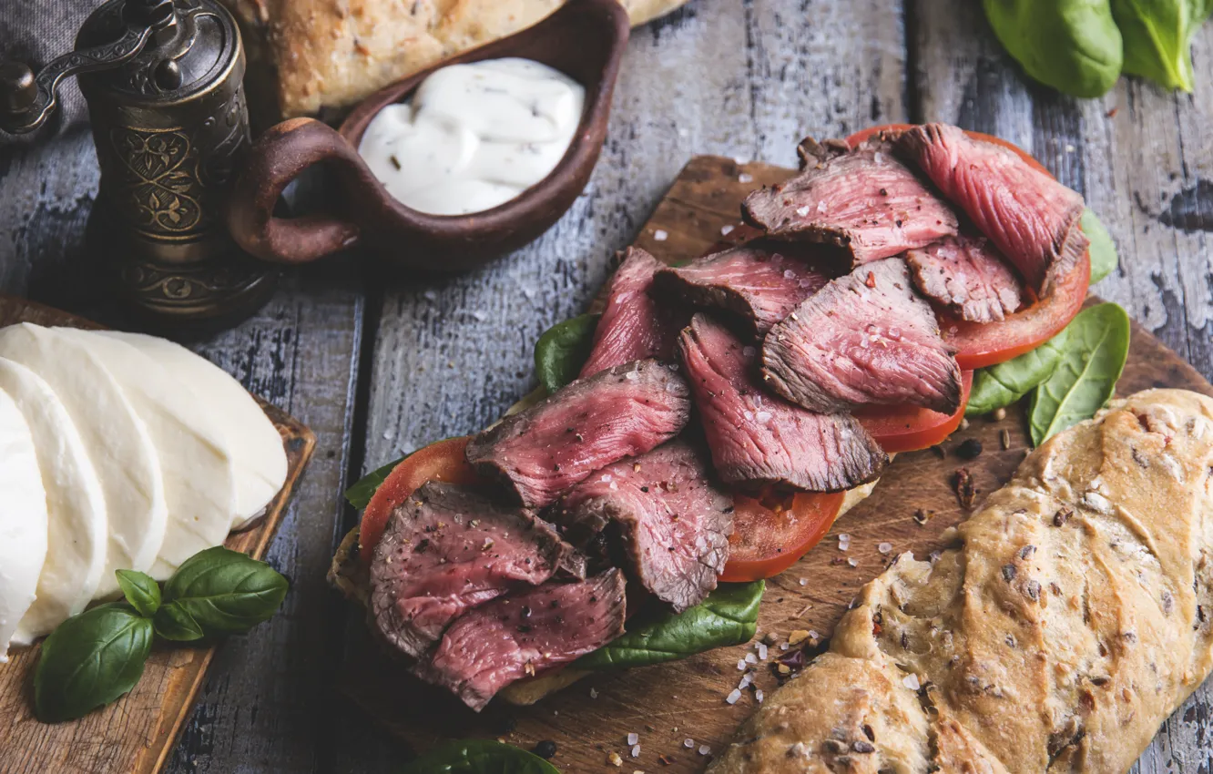 Photo wallpaper food, cheese, bread, meat, sauce, cutting, sandwiches, Basil