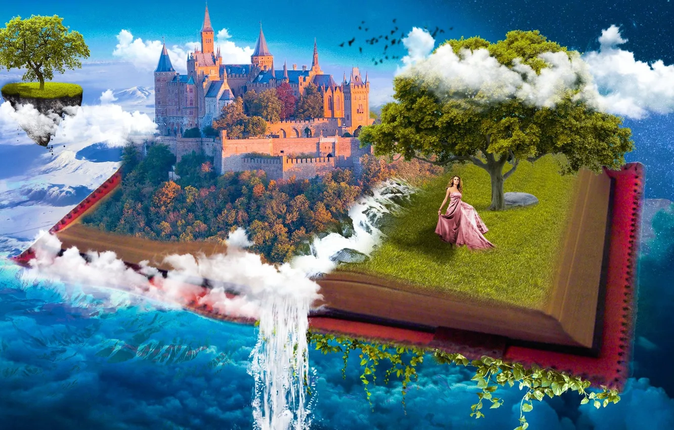 Photo wallpaper the sky, water, girl, clouds, castle, fantasy, tree, collage
