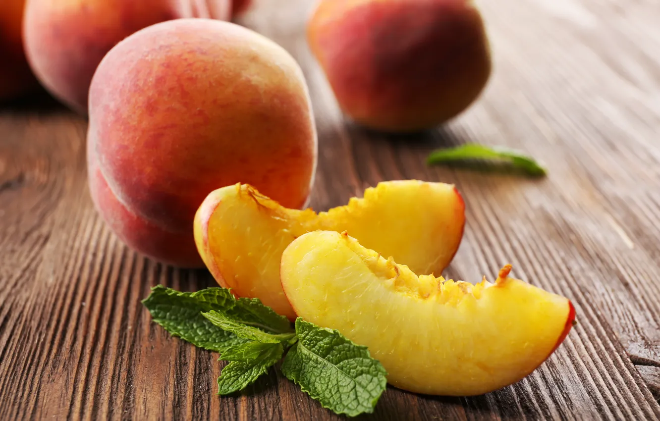 Photo wallpaper leaves, fruit, peaches